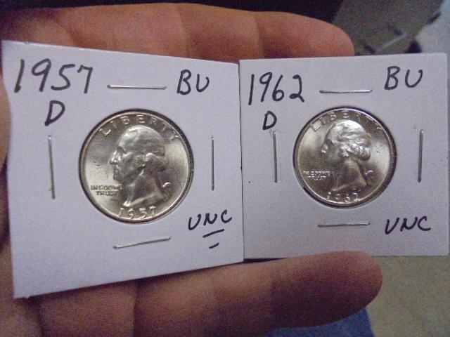 1957 D Mint & 1962 D Mint Silver Washington Quarters