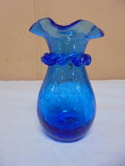 Blue Crackle Glass Fluted Vase