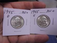 1945 D Mint & 1945 S Mint Silver Washington Quarters