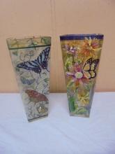 2 Beautiful Handpainted Glass Butterfly Vases