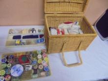 Wicker Sewing Basket Full  of Sewing Supplies