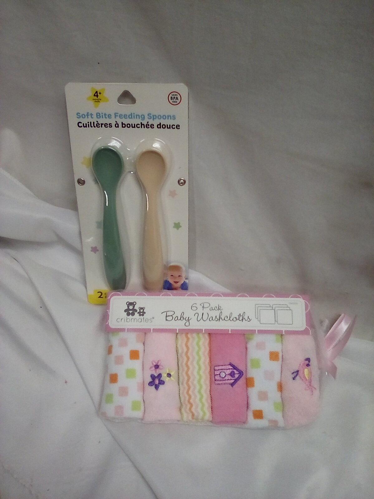 QTY 2 Soft Bite feeding spoons, 6pack baby washcloths