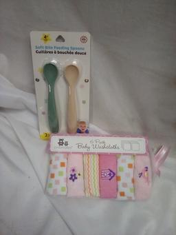 QTY 2 Soft Bite feeding spoons, 6pack baby washcloths