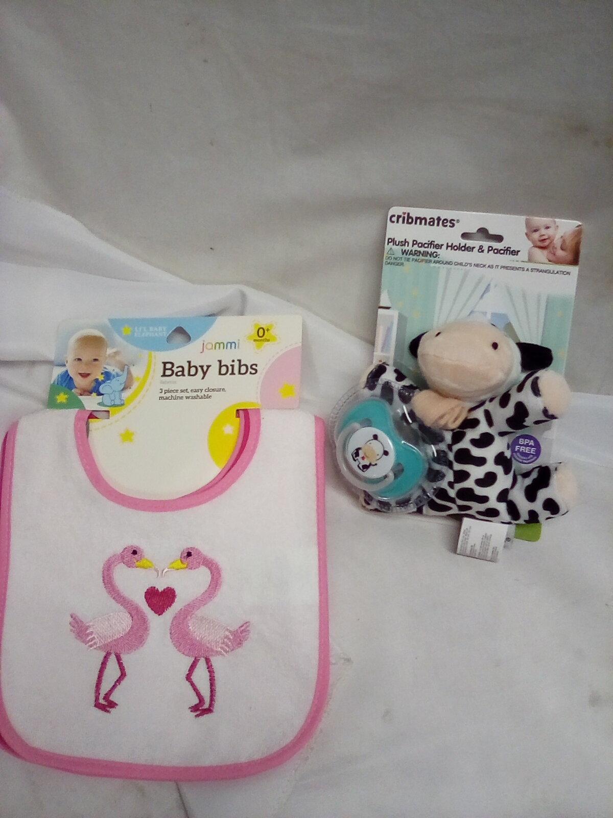 QTY 1 Plush Pacifier holder, pacifier and 3 pack bibs