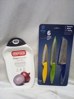 Chop & Scoop Cutting Board & 6 Piece Knife Set. 3 Knives & 3 Covers.