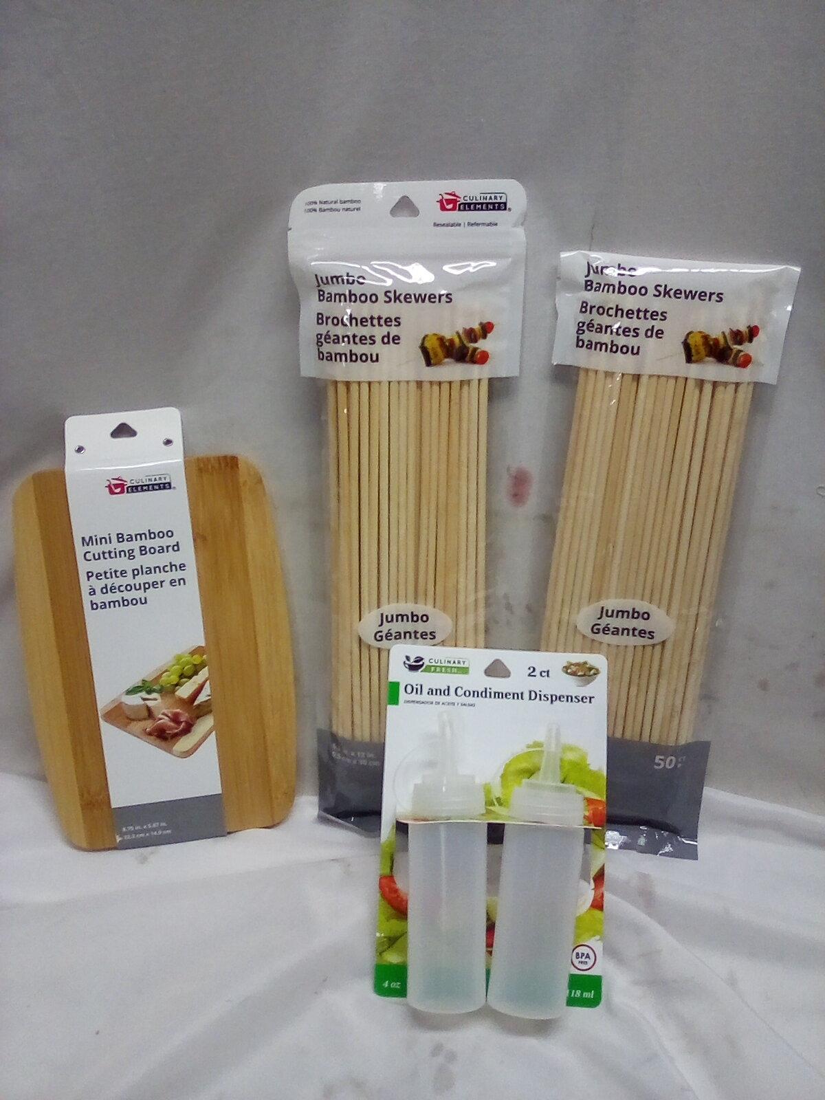 Bamboo Skewers, Oil/Condiment Dispensers, & Mini Cutting Board.