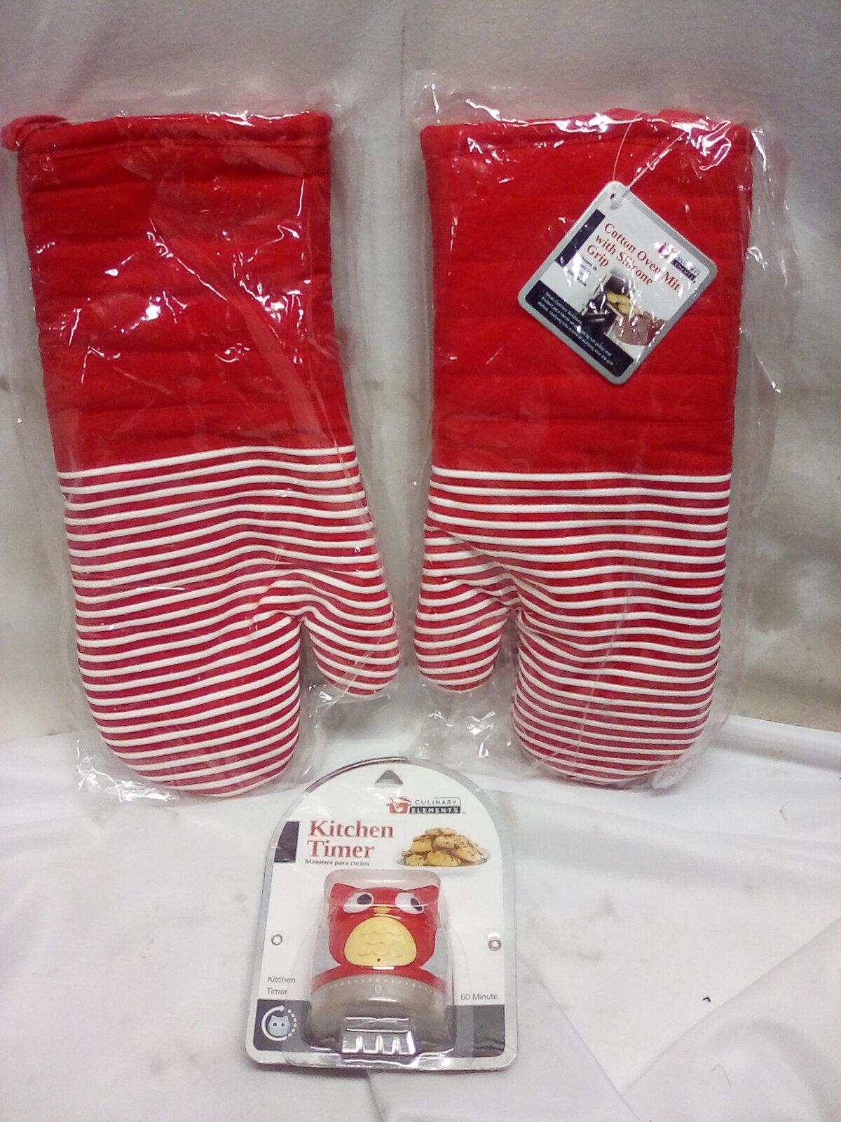 Culinary Elements Cotton Oven Mitts w/ Silicone Grip & Kitchen Timer.