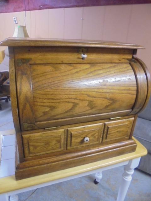 Solid Oak Drop Front End Table w/ Drawer in Bottom