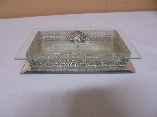 Beautiful Mirrored Base Beveled Glass Lid Jewelry Box