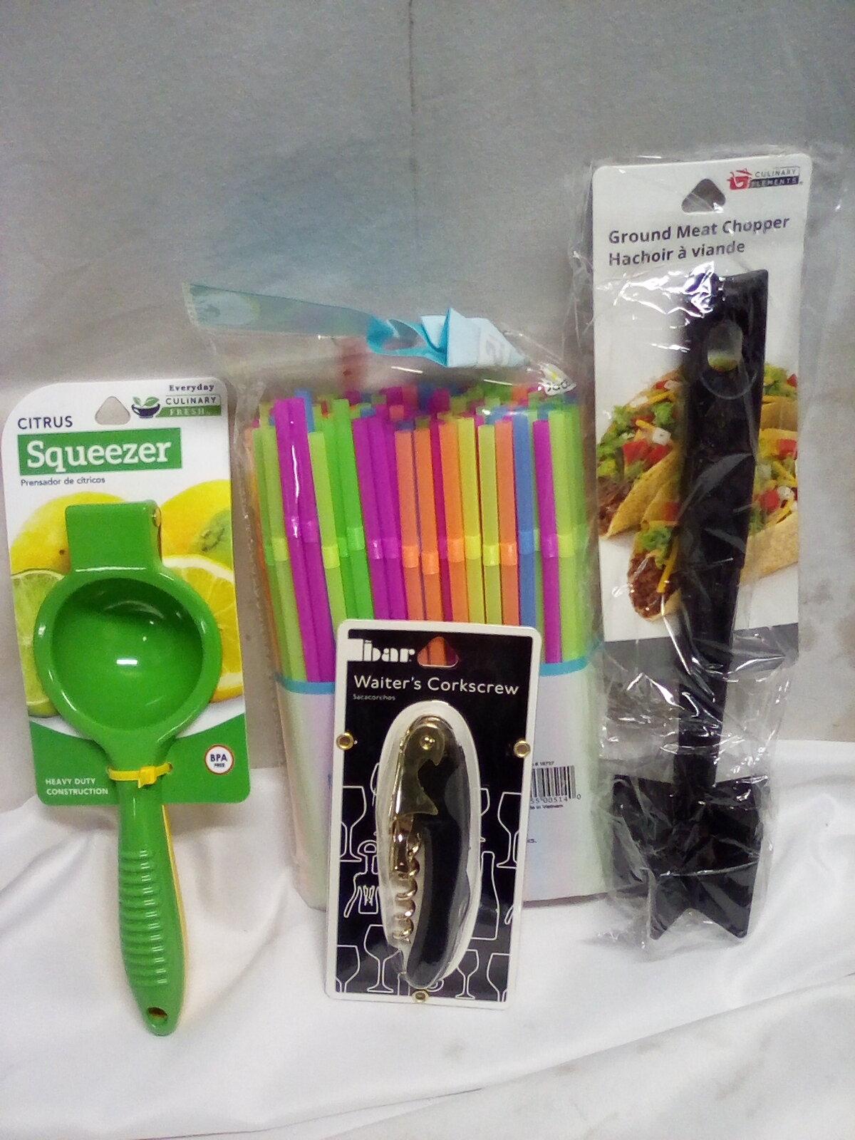 QTY 1 each, Citrus squeezer, 125pk straws, ground meat chop, corkscrew