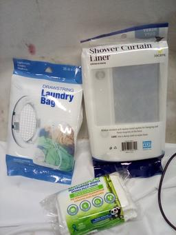 QTY 1 each shower curtain, drawstring laundry bag, 2pk bamboo sponges