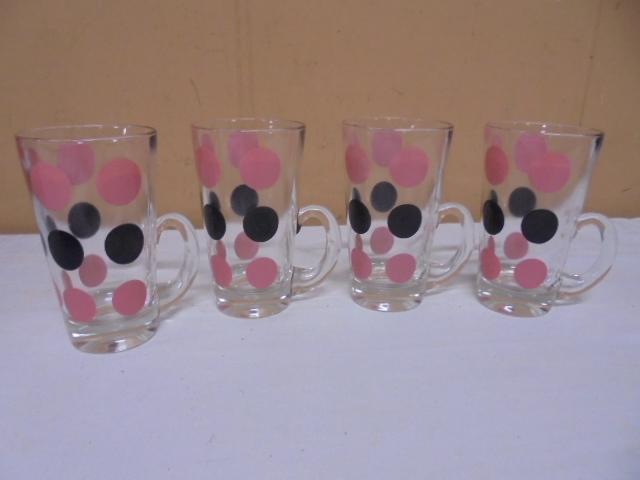 Set of 4 Vintage Hazel Atlas Pink & Black Polka Dot Glass Mugs