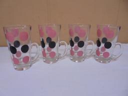 Set of 4 Vintage Hazel Atlas Pink & Black Polka Dot Glass Mugs