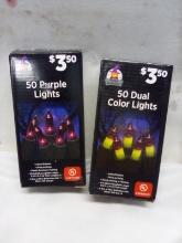 Qty 2- 50 Pack Indoor/Outdoor Lights. 1-Purple & 1-Dual Color.