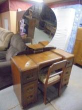 Antique Waterfall 6 Drawer Vanity w/ Mirror & Matching Chair