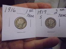 1916 & 1917 S Mint Silver Mercury Dimes