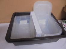 Large Group of Shoebox Size Totes w/ Lid & Large Brown Tub