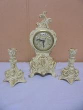 Vintage United Metal Electric Clock w/ 2 Matching Candle Holders