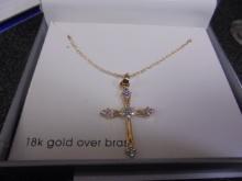 Beautiful Ladies 18k Gold Over Brass Necklace & Cross Pendant w/ Diamond Accents
