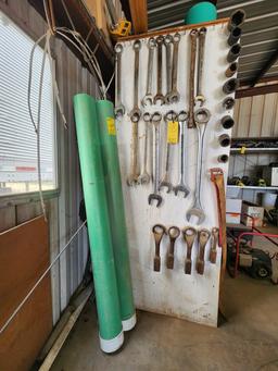 Contents Of Rack (2) 6" PVC Sewer Pipe Jts; Assorted Wrenches; Troy-Bilt Pu