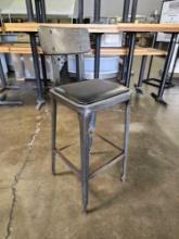 Distressed Metal Frame and Back Bar Stools with Black Seat Cushions