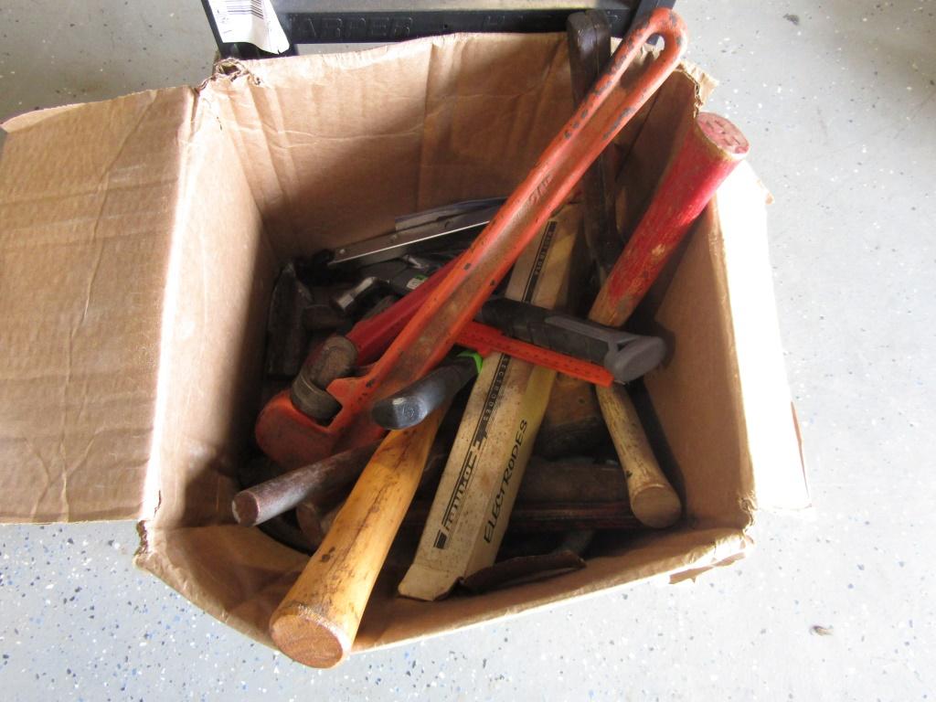 BOX OF PIPE WRECHES & HAMMERS