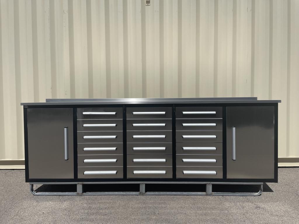 UNUSED 10FT SS Work Bench w/18 Drawers, 2 Cabinets