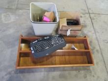 Power duster, keyboard, wooden shelf