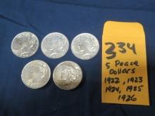 Lot of (5) Peace Dollars