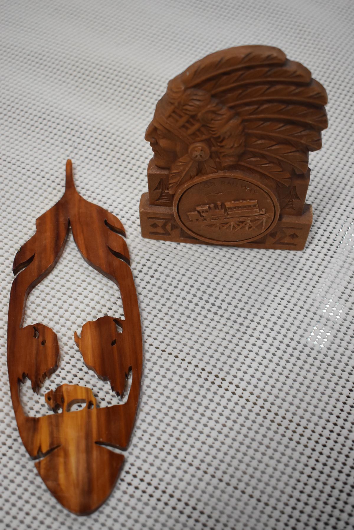 WOODEN FEATHER AND INDIAN CHIEF BOOKEND!