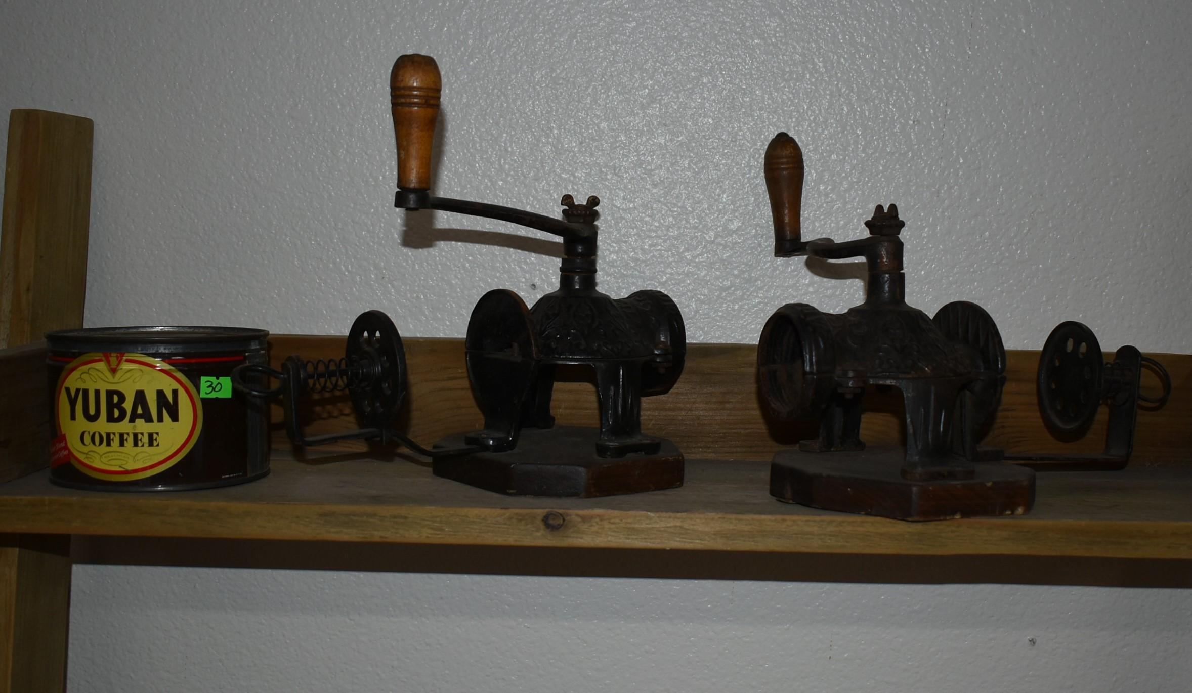 ANTIQUE COFFEE GRINDERS & CAN!!!