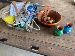 Hangers, wooden bowl w/ utensils, Vases, knickknacks