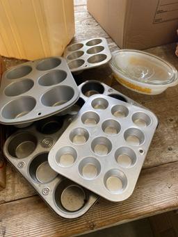 Muffin tins, carafe, silverware, miscellaneous