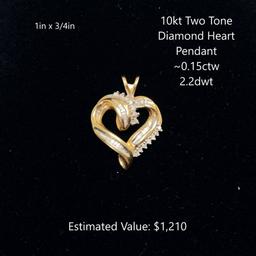 10kt Two Tone Dia. Heart Pendant ~0.15ctw, 2.2dwt