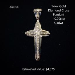 14kt Gold Diamond Cross Pendant ~0.20ctw, 5.3dwt