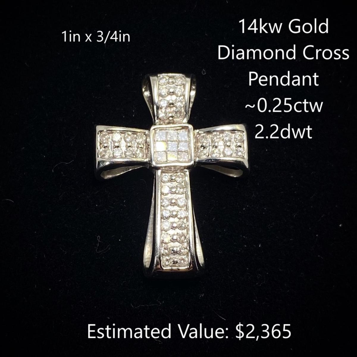 14kt Diamond Cross Pendant ~0.25ctw, 2.2dwt