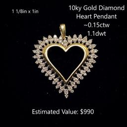 10kt Diamond Heart Pendant, ~0.15ctw, 1.1dwt