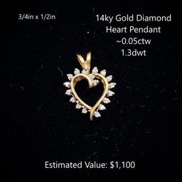 14kt Diamond Heart Pendant, ~0.05ctw, 1.3dwt