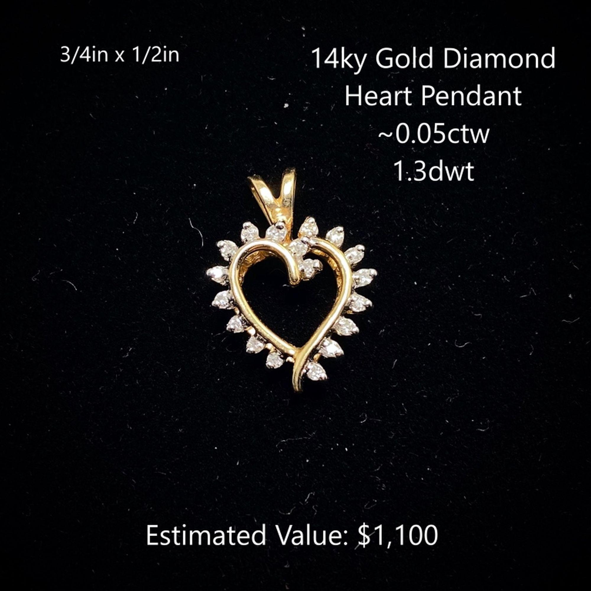 14kt Diamond Heart Pendant, ~0.05ctw, 1.3dwt