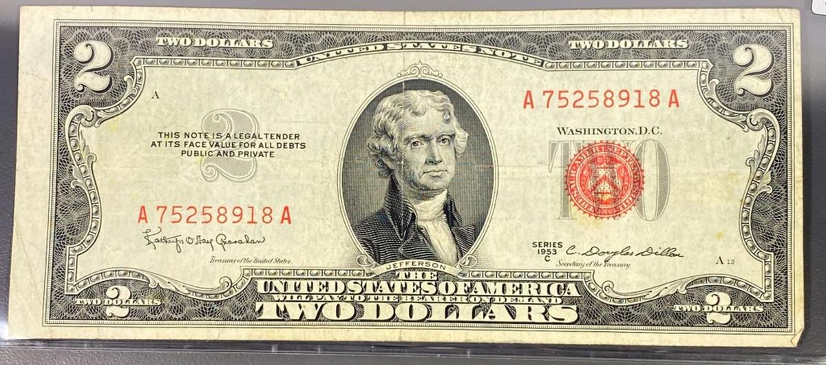 1953 US $2 Red Seal Bill CLOSELY UNCIRCULATED