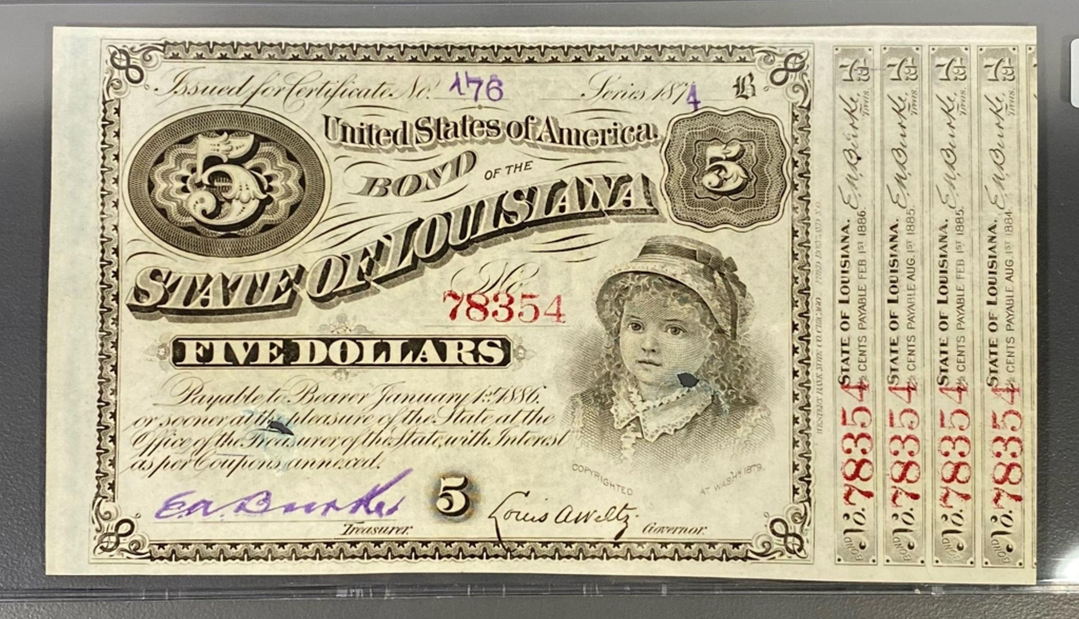 1874 $5 Louisiana State Baby Bond UNCIRCULATED