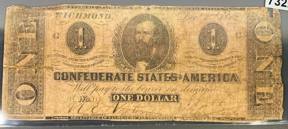 1862 $1 Confederate Bill NICELY CIRCULATED