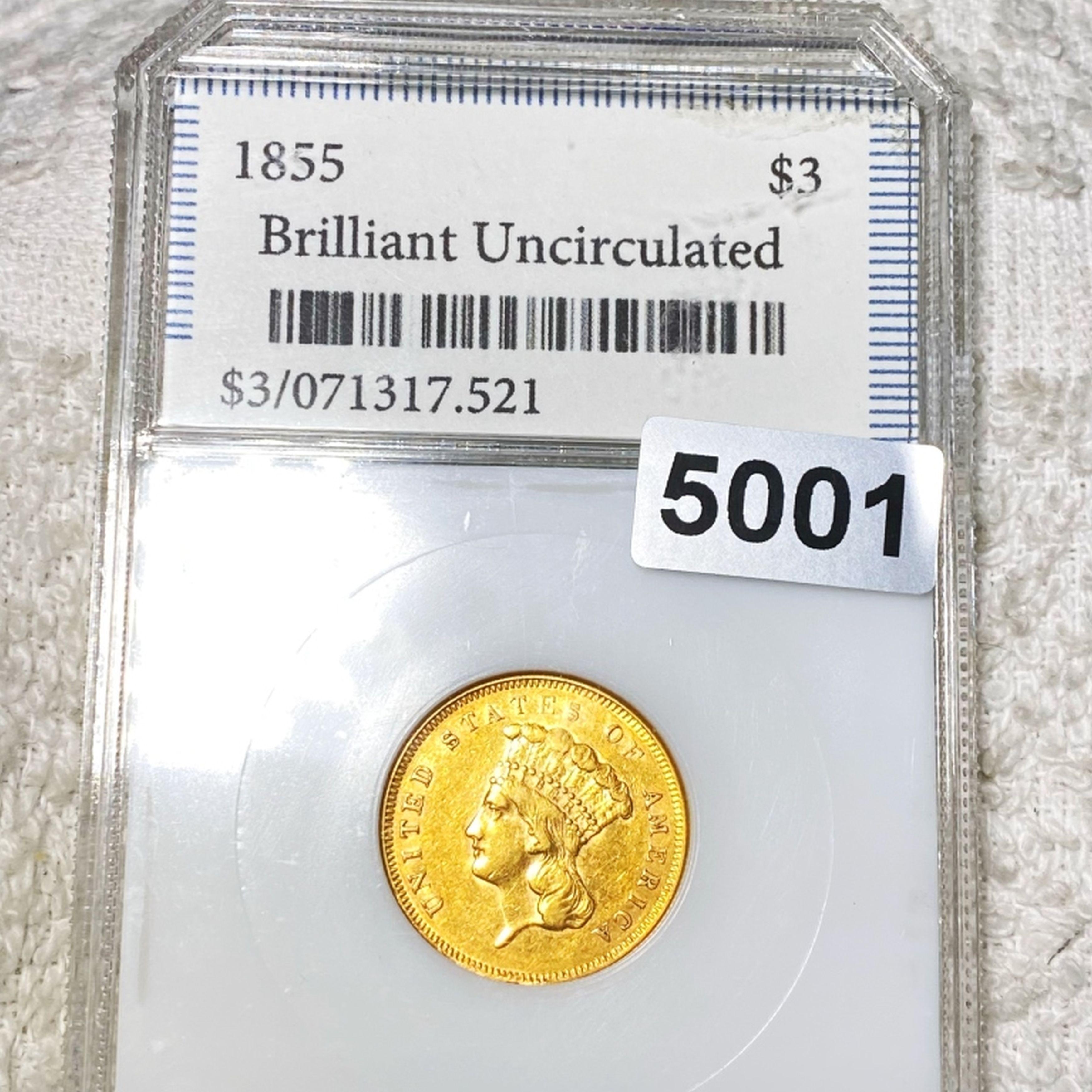 1855 $3 Gold Piece PCI - BRILLIANT UNC