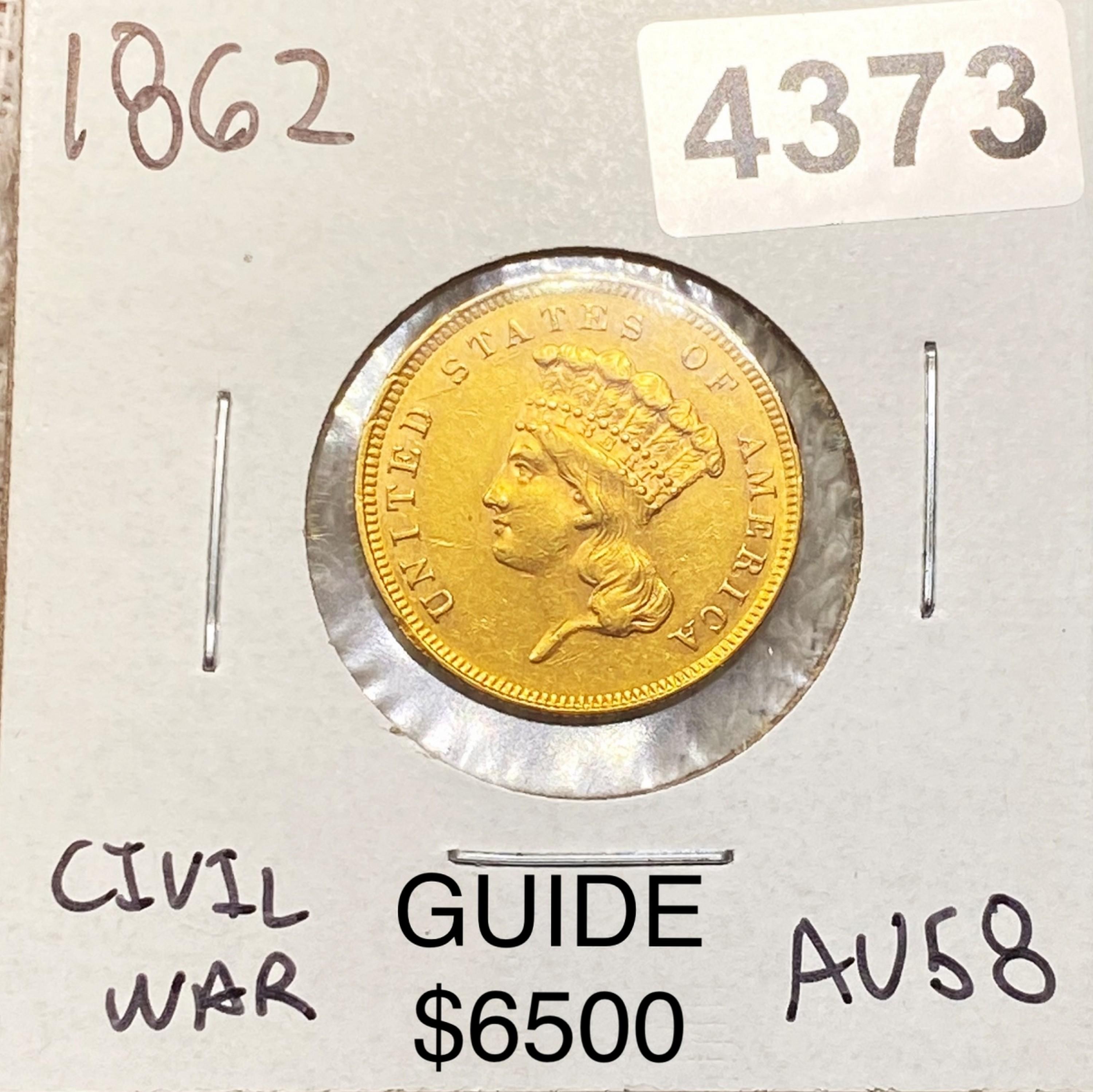 1862 $3 Gold Piece CHOICE AU
