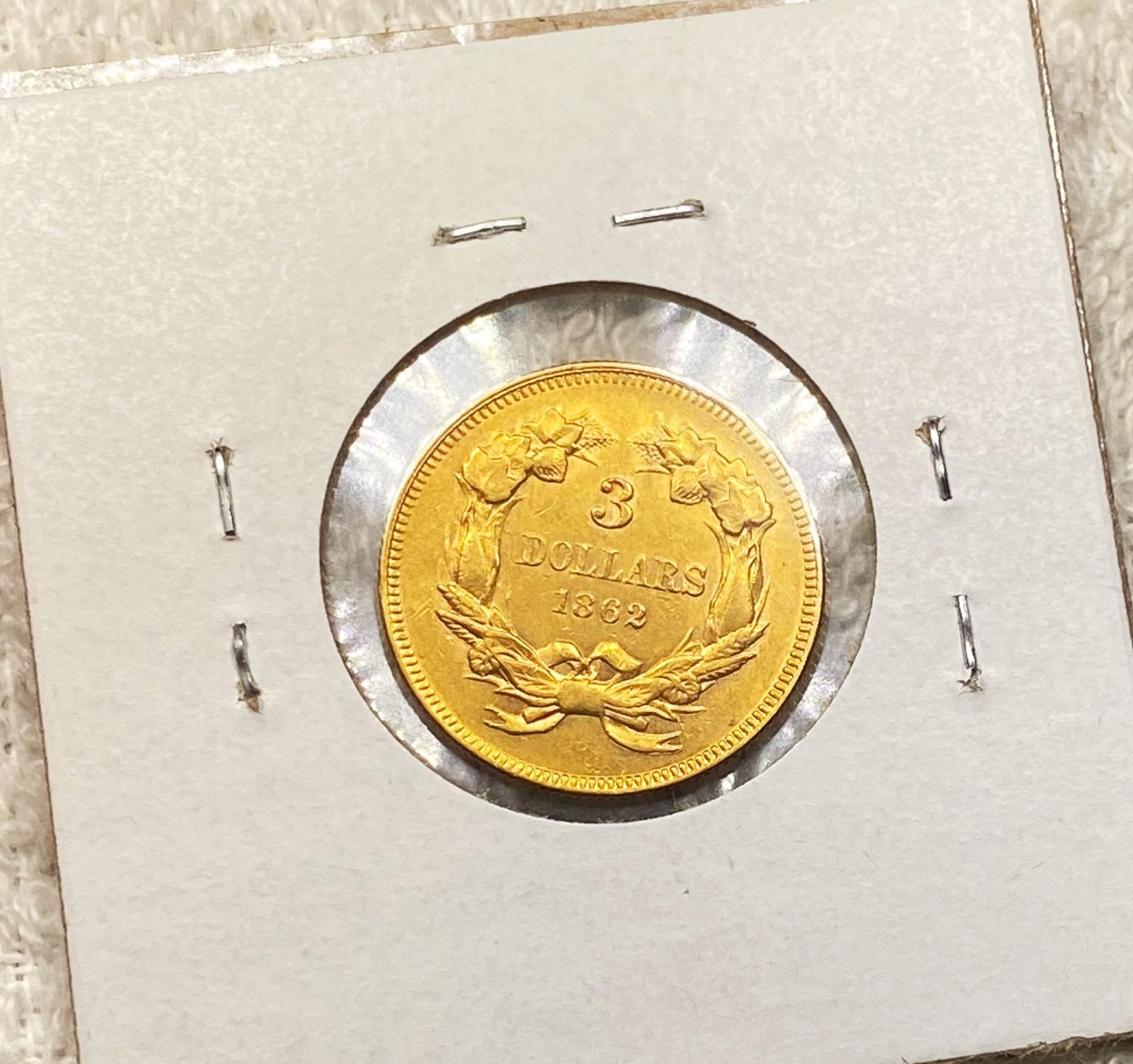 1862 $3 Gold Piece CHOICE AU