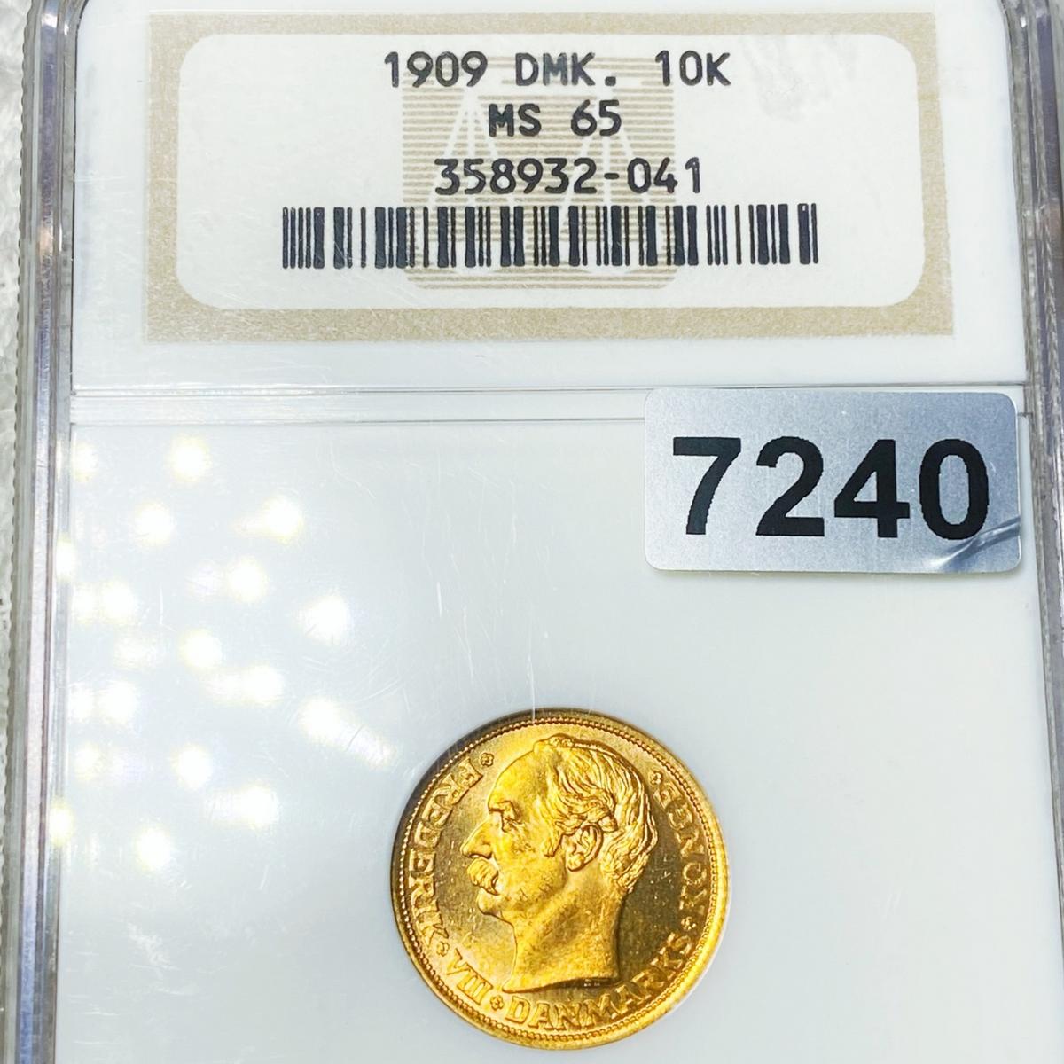 1909 Denmark Gold 10 Kroner NGC - MS65