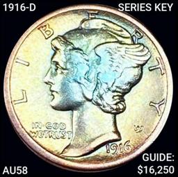 1916-D Series Key Mercury Silver Dime CHOICE AU