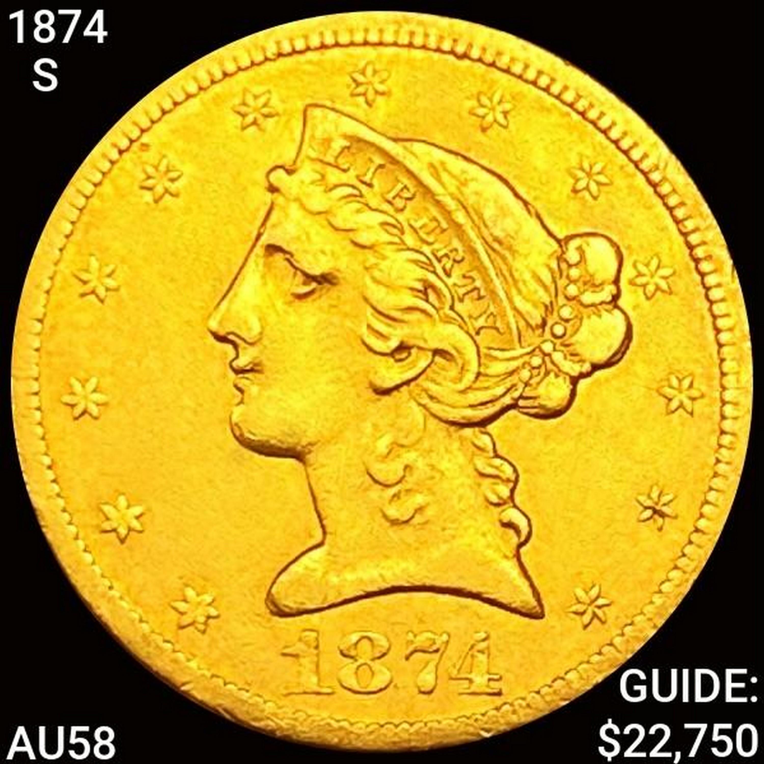 1874-S $5 Gold Half Eagle CHOICE AU