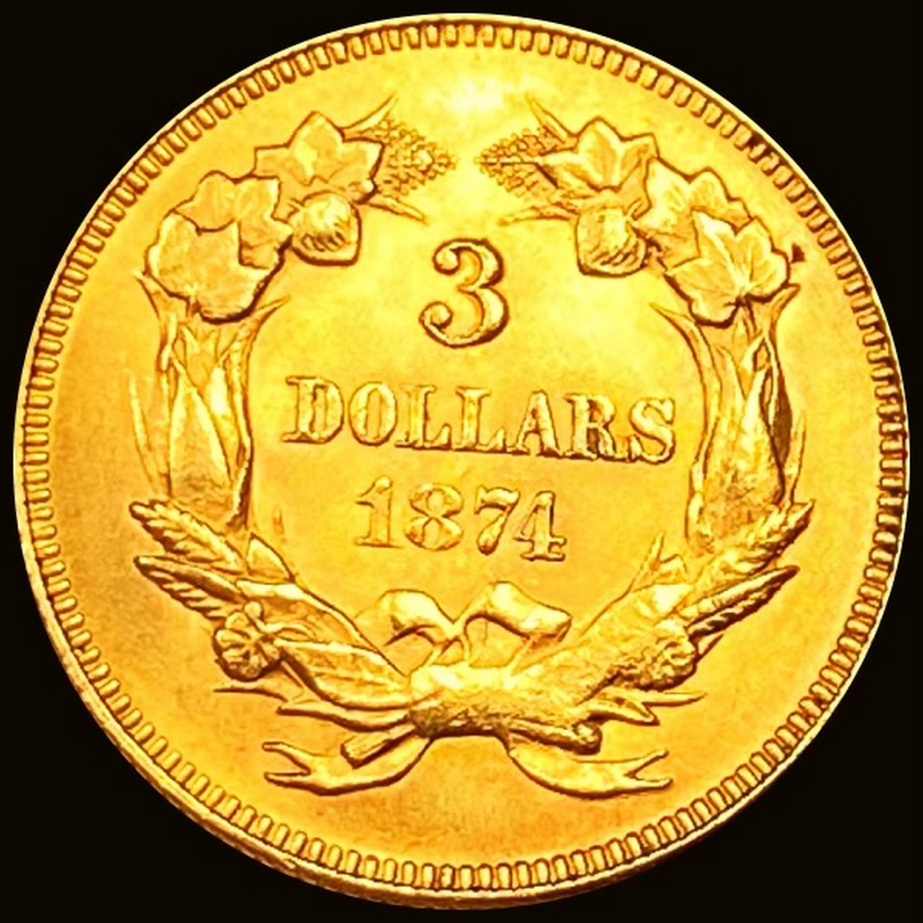 1874 $3 Gold Piece CHOICE BU +