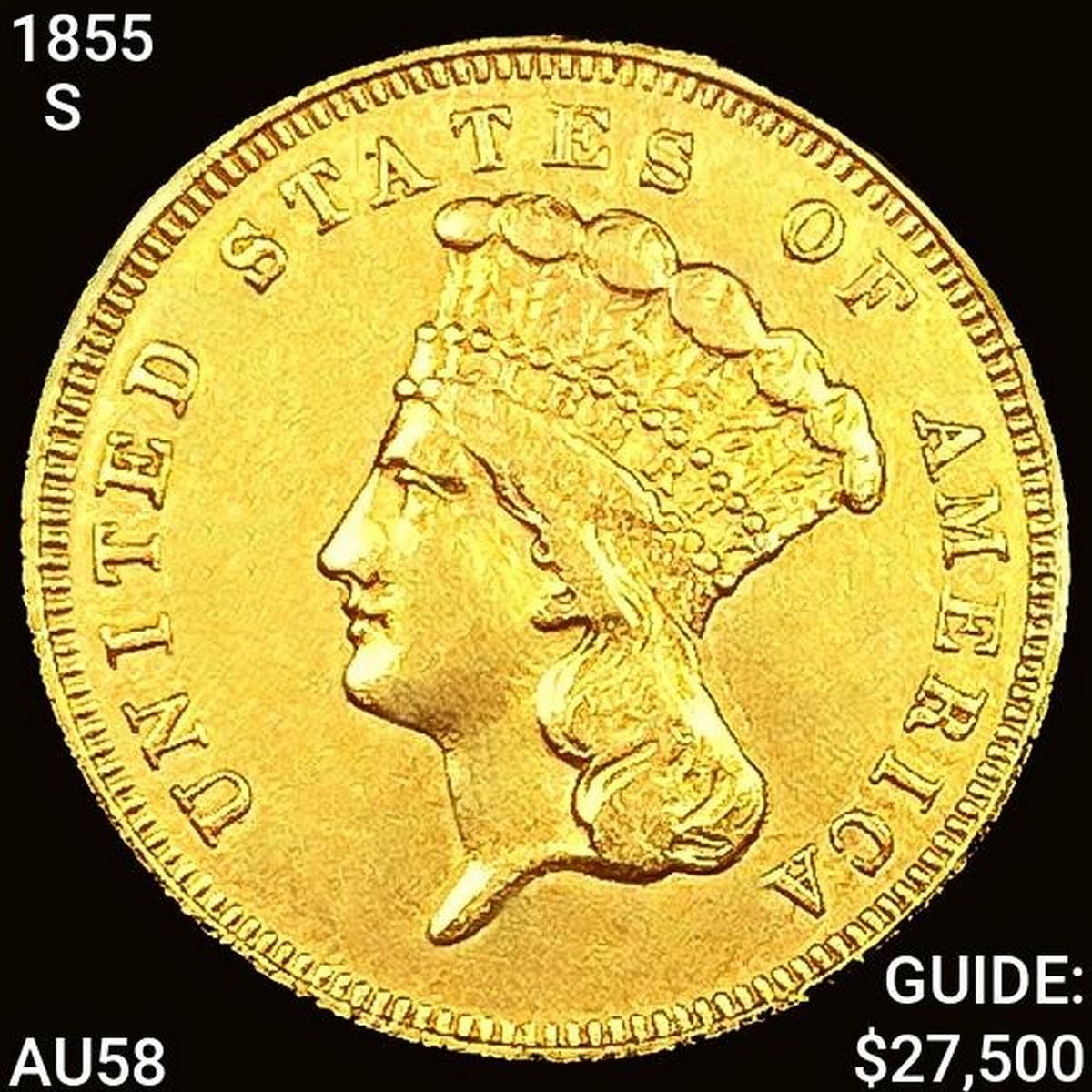 1855-S $3 Gold Piece CHOICE AU